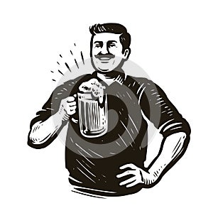 Hand drawn man with glass of beer. Octoberfest, pub concept vintage vector illustration