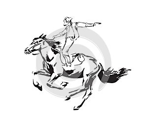 Hand drawn man with revolver riding horse. Wild west cowboy chase vector illustration. Black isolated on white background