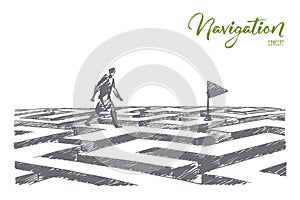 Hand drawn man walking on maze to navigation flag