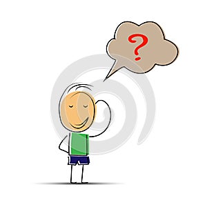 Hand-drawn man wondered, question mark in speech bubble