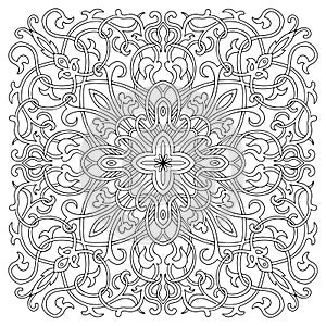 Hand-drawn mandala art, tile in oriental style, black and white colors. Italian majolica. Coloring page vector