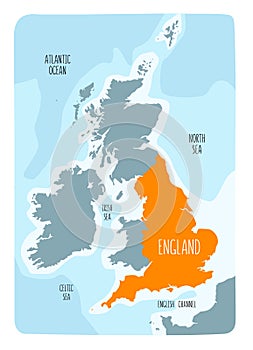 Hand drawn map of England and the British Isles.