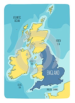 Hand drawn map of England and the British Isles.