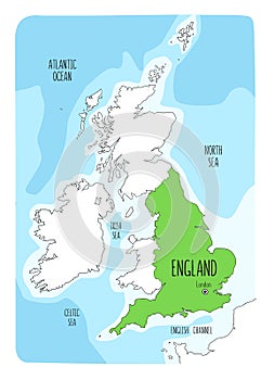 Hand drawn map of England and the British Isles