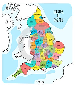 Hand drawn map of England with counties.