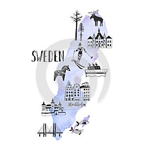 Hand-drawn map with famous landmarks of Sweden