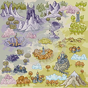 Fantasy Advernture map elements with colorful doodle hand draw in illustration - map3 photo