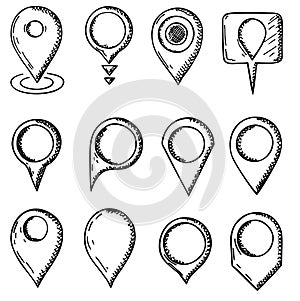 Hand drawn map pins sign location icon. Outline doodle icon. Address and map pin, mobile pointer and locator, navigation