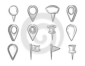 Hand drawn map pointers, doodle navigation pins vector set