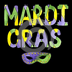 Hand drawn MARDI GRAS composition with sloppy text and mask