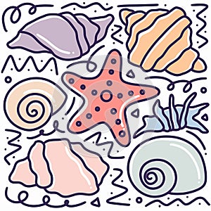 hand drawn marine biota doodle set