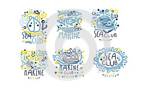 Hand Drawn Marine Labels and Logos Original Design Vector Set