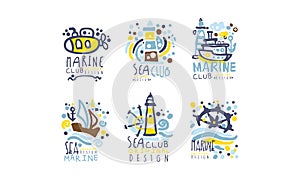 Hand Drawn Marine Labels and Logos Original Design Vector Set