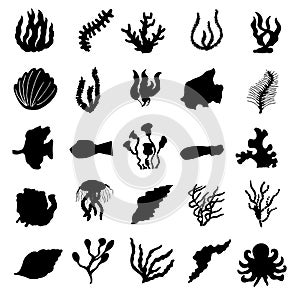 Hand Drawn marine life silhouette doodles set. Sketch style icons. Decoration element. Isolated on white background. Flat design.