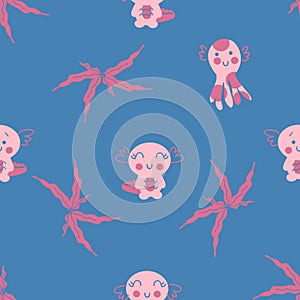 Hand drawn marine octopus and axolotls seamless pattern. Perfect for T-shirt, textile and print. Doodle vector illustration