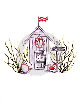 Hand drawn marker illustration of a small beach house, in cartoon style, with red details, isolated on white