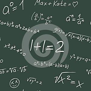 Hand drawn math formula pattern. Vector seamless illustration of education with humor. School blackboard with line