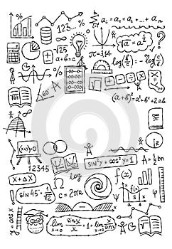Hand drawn math science formulas on chalkboard background. Vertical frame with place for your text