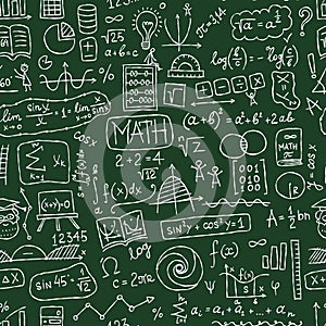 Hand drawn math science formulas on chalkboard. Seamless pattern background for your design