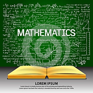 Hand drawn mathematics on chalkboard with opened book