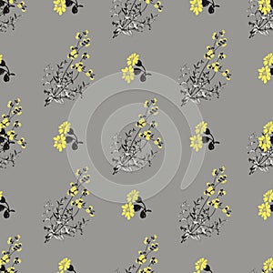 Hand drawn meadow flowers, leaves seamless pattern abstract background wallpaper.Line art botanical illustration.Floral wall art
