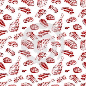 Hand drawn meat, steak, beef and pork, lamb grill sausage seamless pattern