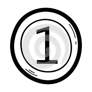 Hand drawn medal number 1 icon. Sign or symbol Isolated on white background. Black and white drawing. Vector illustration