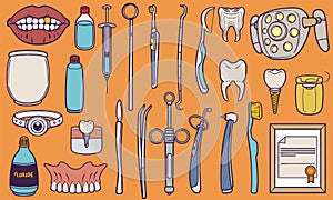 Hand drawn Medical dentist doodle set illustration