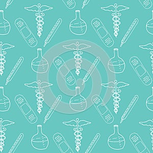 Hand drawn medical seamless pattern. Pharmacy vector background. Doodle medicine design.