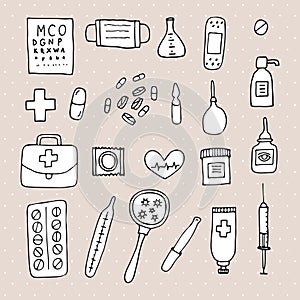 Hand drawn medicine icons. Health care, pharmacy, first aid. Outline design. Doodle style