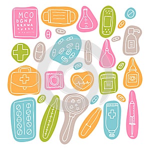 Hand drawn medicine icons. Health care, pharmacy, first aid. Outline design. Doodle style