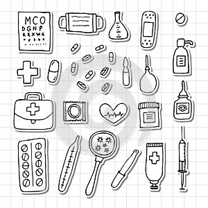 Hand drawn medicine icons. Health care, pharmacy, first aid. Outline design. Doodle style. Stickers