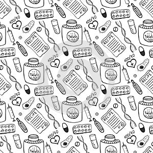 Hand drawn medicine seamless pattern. Doddle sketch healthcare and medical background