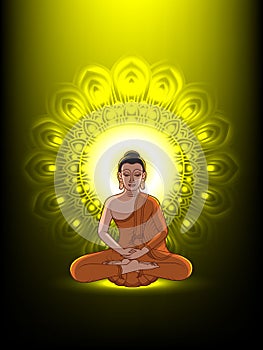 Hand drawn meditation Buddha vector painting with aura glowing background