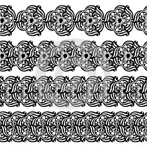 Hand-drawn mehendi ornamental border. Indian henna tattoo set. EPS 10 vector illustration isolated on white.