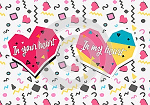 Hand Drawn Memphis colourful hearts on pattern background
