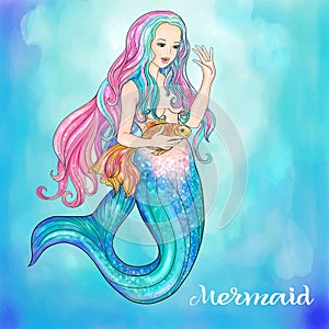 Hand drawn mermaid holding a gold fish, on watercolor background