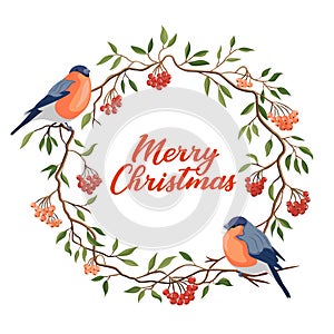 Hand drawn Merry Christmas typography in rowanberry winter wreath with bullfinches banner. Celebration text with berries