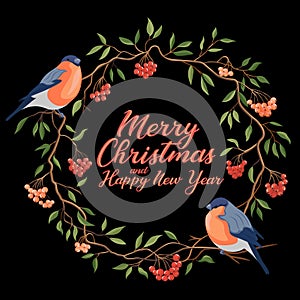 Hand drawn Merry Christmas typography in rowanberry winter wreath with bullfinches banner. Celebration text with berries