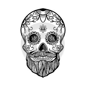 Hand drawn mexican bearded sugar skull isolated on white background. Design element for poster, card, banner, t shirt