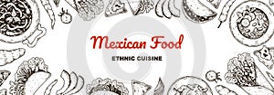 Hand drawn Mexican food horizontal banner. Vector illustration in sketch style