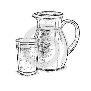 Hand drawn milk jug and glass of milk. Vector sketch