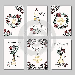 Hand drawn mini card set for Valentine`s day
