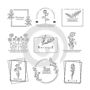 Hand drawn minimal logo of blooming flowers and leaves in line art. Bohemian floral vector illustration on a white background.