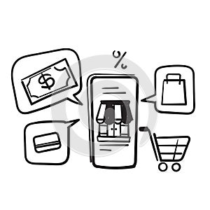 Hand drawn mobile smart phone with shop app. Online shopping concept in doodle