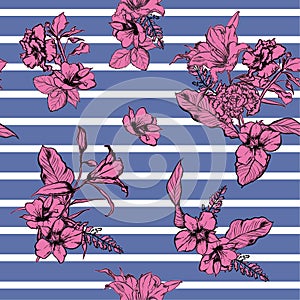 Hand drawn modern flowers seamless pattern vector on stripe design for fashion ,fabric ,wallpaper,