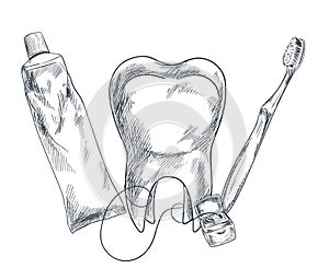 Hand drawn molar, toothpaste, toothbrush and floss