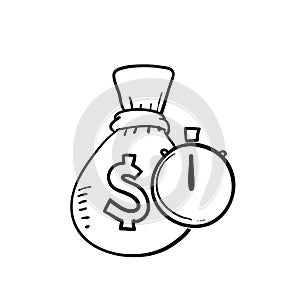 Hand drawn money bag and timer symbol for Quick and easy loan, fast money providence, business and finance services, timely