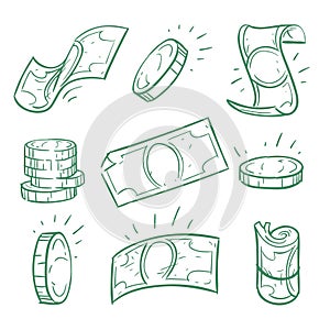Hand drawn money. Doodle dollar banknotes and coins vector set
