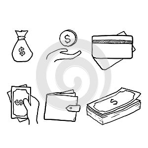 Hand drawn Money, finance, banking outline doodle icons collection. Money line icons set vector illustration. Money bag, coins,